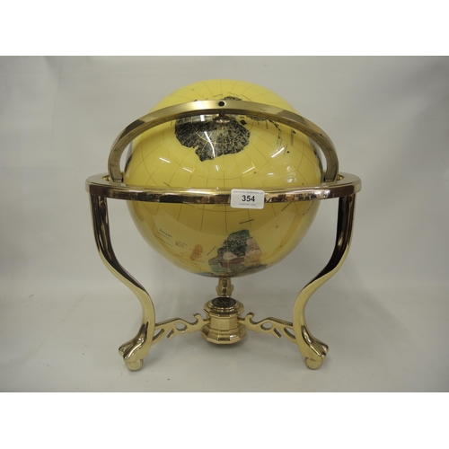 354 - 20th Century 34cm globe set semi precious stones, on a gilt brass stand with compass