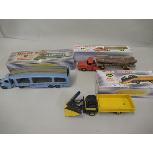 361 - Dinky Supertoys boxed snow plough No. 958, a tractor Willeme No. 36A and a Pullmore car transporter ... 