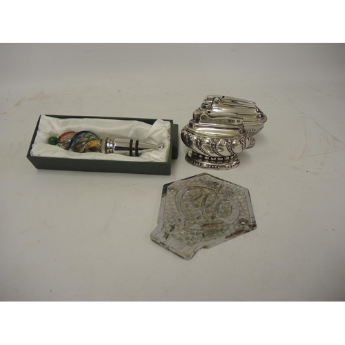 389 - Two silver plated table lighters, an AA car badge, a bottle stopper and Bradford Exchange Limited Ed... 