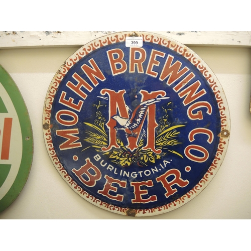 399 - Reproduction enamel sign, Moehn Brewing Co., 45cm diameter