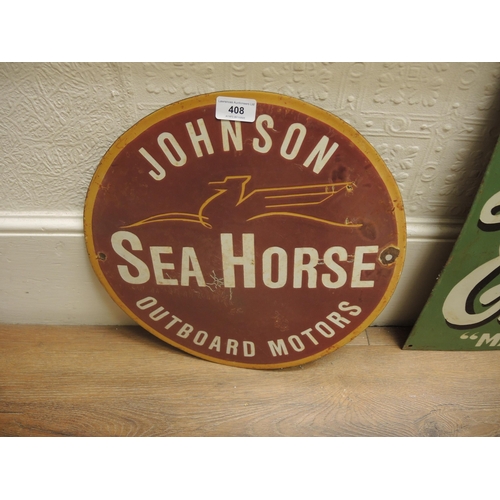 408 - Reproduction enamel sign, Johnson Sea Horse, 38cm diameter