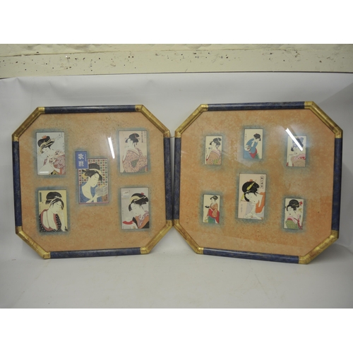 417 - Two framed groups of Japanese cards, coloured prints of Geishas in blue and gilt frames