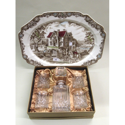 Heritage Hall Staffordshire pottery oval meat plate, ' Gothic Country House ', together with a boxed set of a lead crystal whisky decanter and four tumblers
