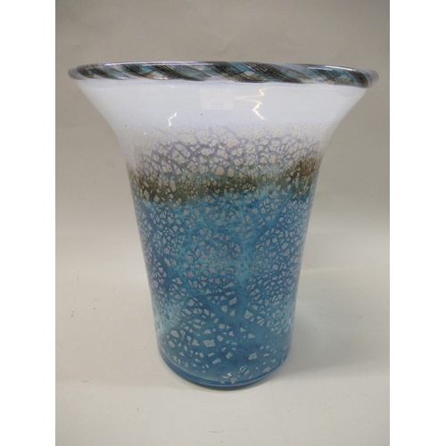 645 - Modern art glass flared rim vase with blue and opaque white mottled decoration, indistinctly signed ... 