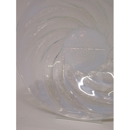 647 - R. Lalique, ' Poissons ' shallow opaque blue tinted glass bowl, 29cm diameter