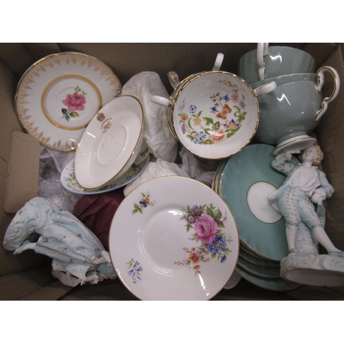 Set of six Aynsley tea cups and saucers, various other cups and saucers by Spode, Shelley, Doulton, Wedgwood, Worcester etc. and a pair of small bisque figures of a boy and girl in green and white bisque