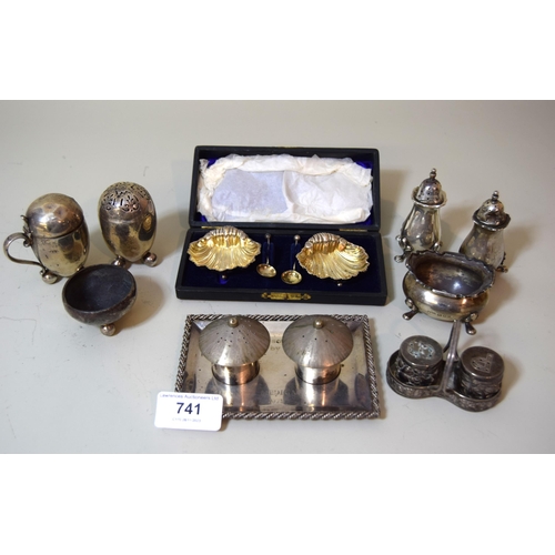 Victorian silver three piece condiment set, a boxed two piece condiment set and a quantity of various other English and German condiments etc.