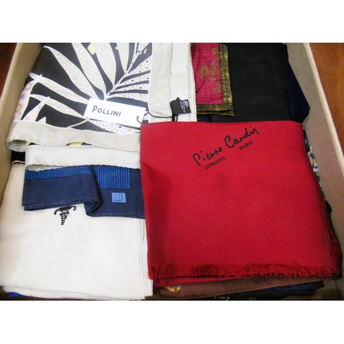 75 - Box containing a quantity of various scarves, pocket squares etc., some silk including Pollini, Polo... 