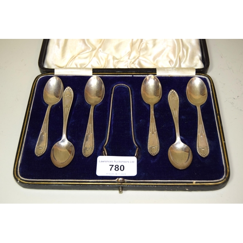 Cased set of six silver coffee spoons with tongs and another silver spoon, together with a plated four piece tea service, two goblets and three plated spoons