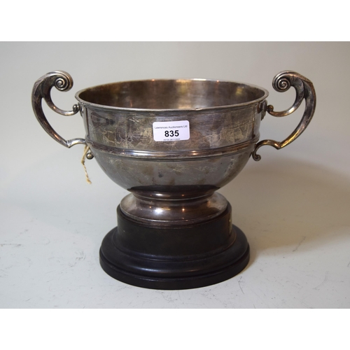 835 - Irish Dublin silver two handled presentation bowl on hardwood stand, 32oz t