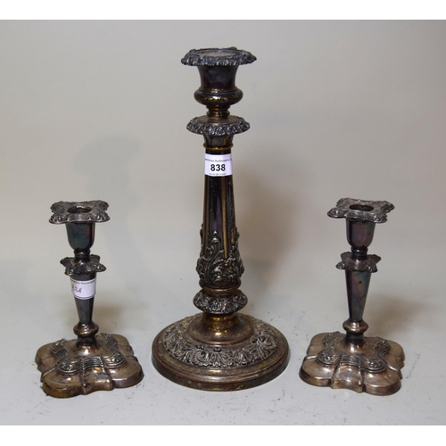 838 - 19th Century candlestick, together with a pair of plated candlesticks