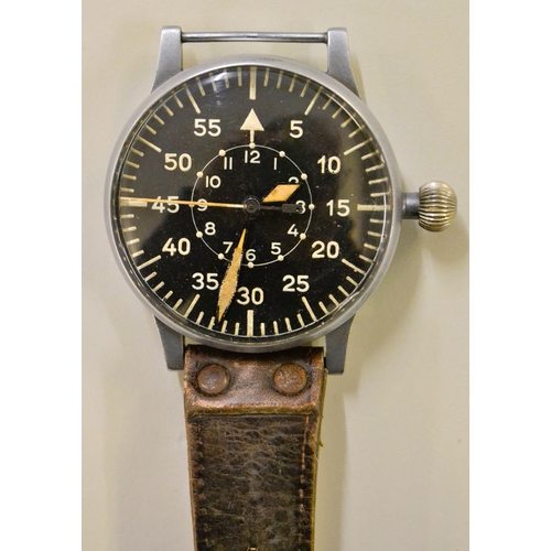 851 - Lacher & Co., German Third Reich Luftwaffe navigator's watch, the black dial with original painted l... 