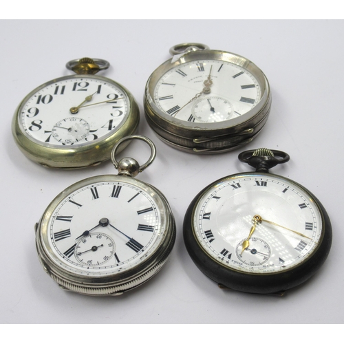 855 - Two silver cased pocket watches, another silver plated pocket watch and a steel cased pocket watch