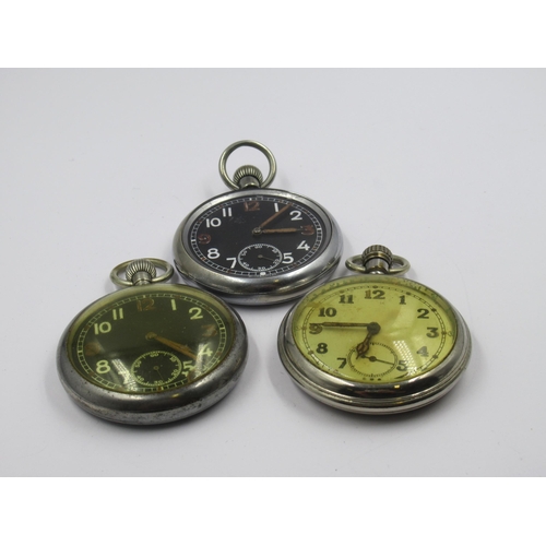 856 - Group of three various military open face pocket watches having Arabic numerals, with War Department... 