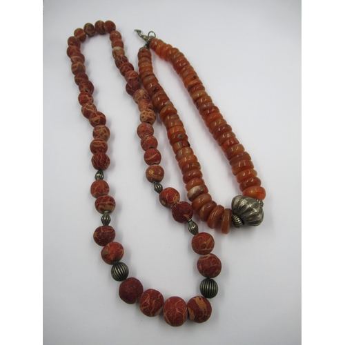 857 - Carnelian and white metal bead necklace together with a bloodstone and white metal bead necklace