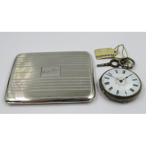 862 - Silver cased fob watch with enamel dial, together with a Birmingham silver cigarette case