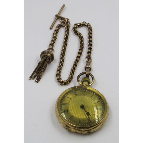 863 - 18ct Yellow gold fob watch with engraved case, together with a yellow metal Albert chain, 44g gross