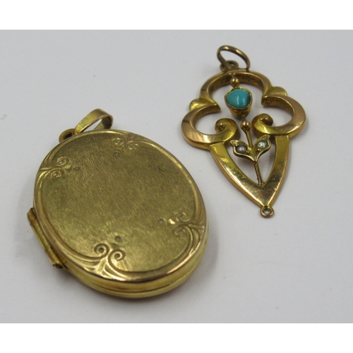 878 - 9ct Gold turquoise and seed pearl set pendant, together with a 9ct gold oval photograph locket