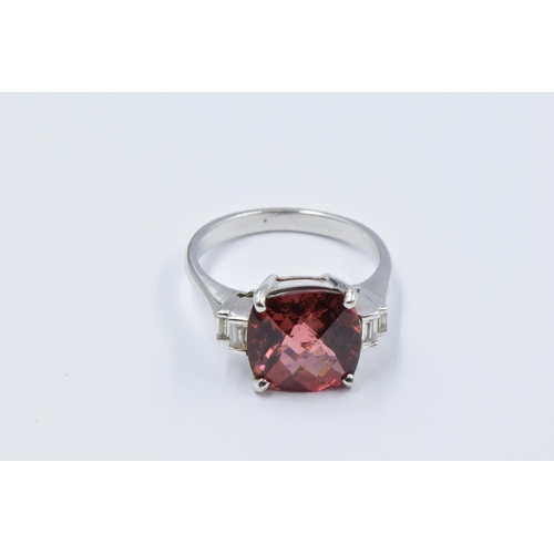 883 - Platinum ring set central tourmaline with baguette diamond set shoulders, size K, in wooden ring box