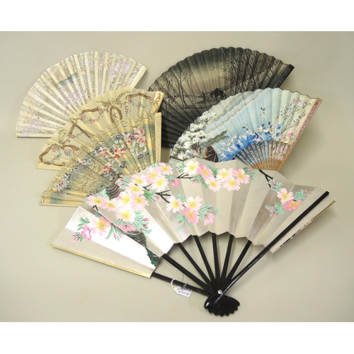 89 - Small collection of various Chinese fans having ebonised, bamboo and bone sticks, all with hand fini... 