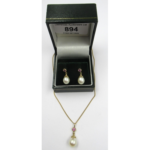 894 - Amethyst and cultured pearl pendant on a 9ct gold chain with a pair of matching 9ct gold drop earrin... 