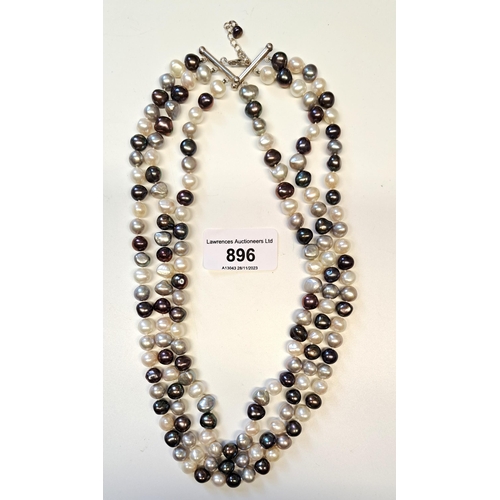 896 - Three row cultured pearl necklace with silver clasp