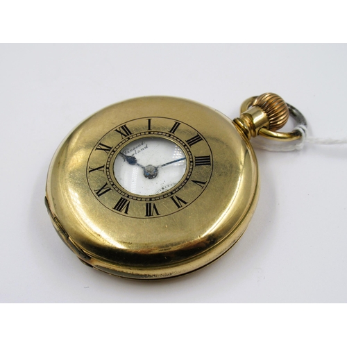 898 - Lancaster Watch Company, gold plated half hunter pocket watch, the enamel dial with Roman numerals a... 