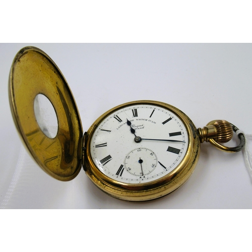 898 - Lancaster Watch Company, gold plated half hunter pocket watch, the enamel dial with Roman numerals a... 