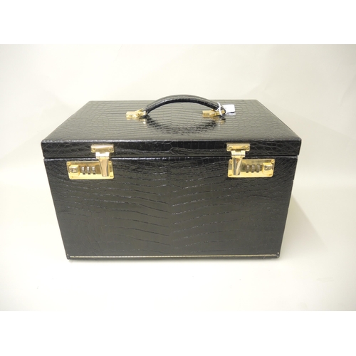 90 - Fred of Paris, black patent leather simulated crocodile jewellery casket