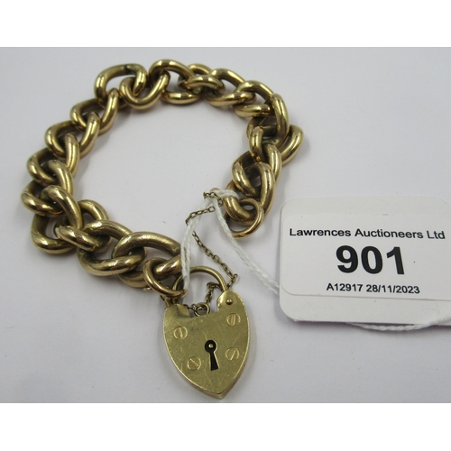 901 - Heavy 9ct gold curb link bracelet with padlock clasp, 74g