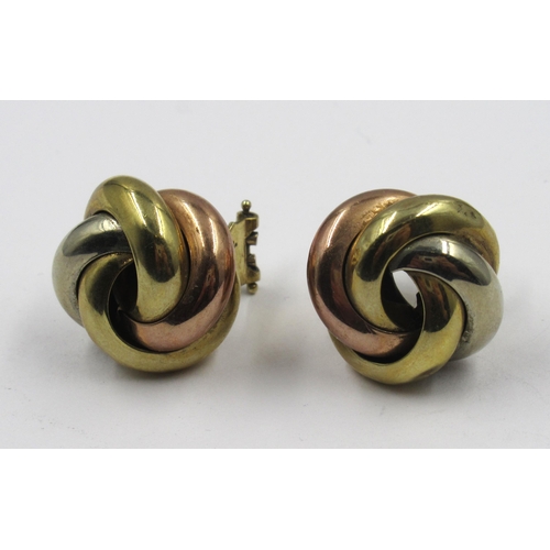 905 - Pair of 9ct three colour gold ear clips, 6g