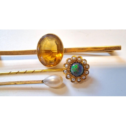 906 - Victorian black opal and seed pearl set stick pin, cultured pearl stick pin and a gold smoky quartz ... 