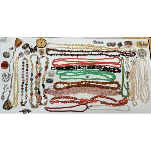 907 - Quantity of various bead necklaces including coral, together with a quantity of various costume jewe... 