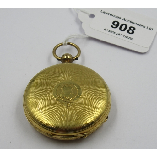 908 - 18ct Gold cased full hunter fob watch, the engine turned case enclosing an enamel dial with Roman nu... 