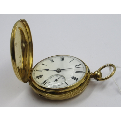 908 - 18ct Gold cased full hunter fob watch, the engine turned case enclosing an enamel dial with Roman nu... 