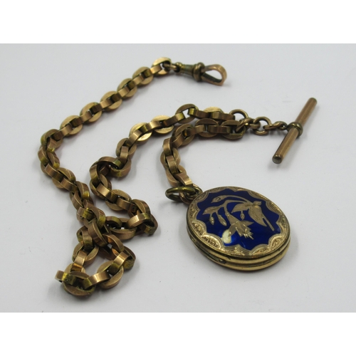 909 - 9ct Gold chain link Albert watch chain with attached metal locket and bar, 20g excluding the locket