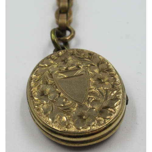 909 - 9ct Gold chain link Albert watch chain with attached metal locket and bar, 20g excluding the locket