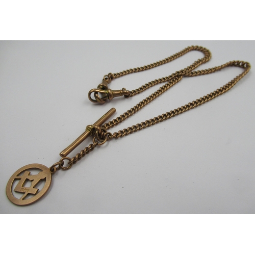 910 - 9ct Rose gold double Albert curb link watch chain with attached Masonic fob, 16.5g