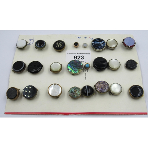 923 - Card containing a collection of twenty four various bachelor buttons in mother of pearl, abalone, ag... 