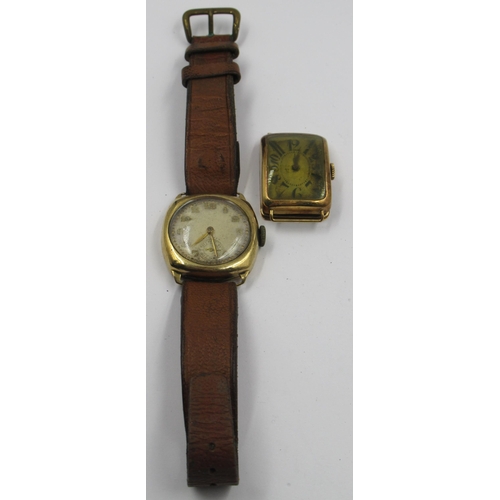 931 - Gentleman's rectangular 14ct gold wristwatch (movement at fault), together with a gentleman's 9ct go... 