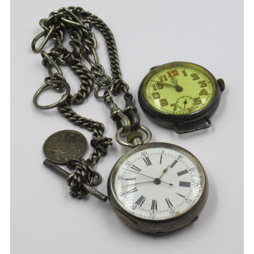 932 - Continental silver cased fob watch on a silver Albert chain, together with a gentleman's circular wr... 