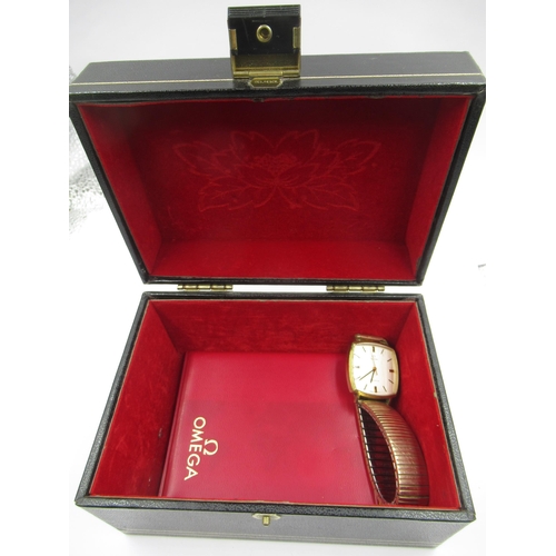 936 - Gentleman's Omega Geneve square gold plated wrist watch  with silver dial, with replacement strap in... 