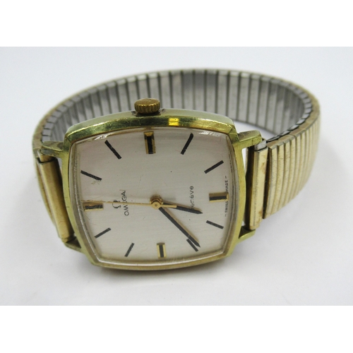 936 - Gentleman's Omega Geneve square gold plated wrist watch  with silver dial, with replacement strap in... 