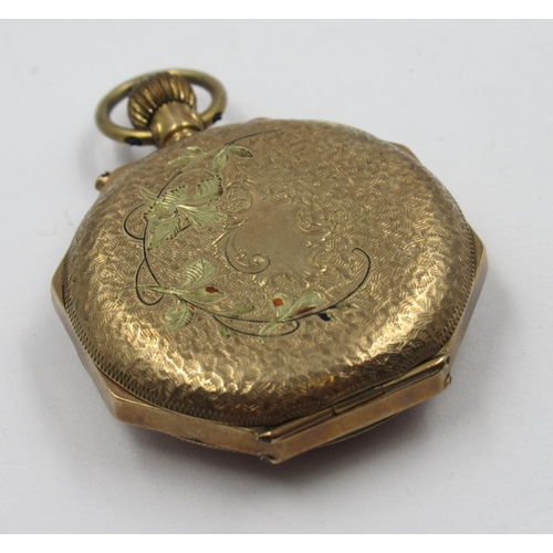 941 - Ladies 9ct gold cased fob watch, the octagonal case with an enamel dial and Arabic numerals, 20g gro... 