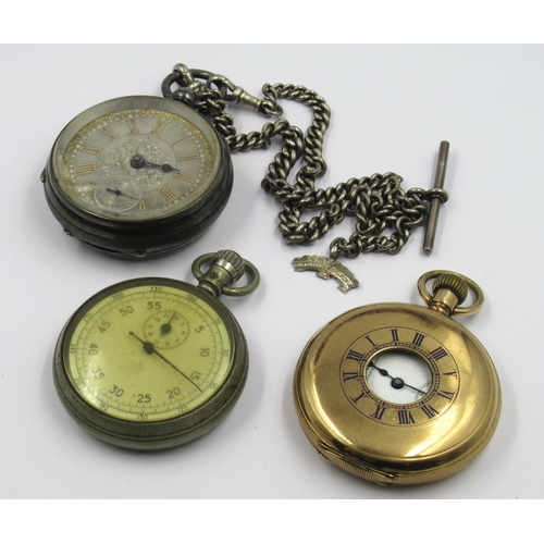 942 - Silver cased open face pocket watch with Albert chain, together with a gold plated half hunter pocke... 