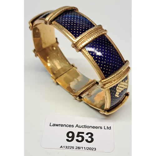 953 - 19th Century yellow metal and blue enamel bracelet (with damages), 32g