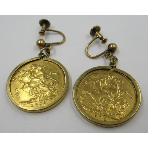 958 - Two Edward VII full sovereigns, 1908, with 9ct gold earring mounts, 19.5g gross