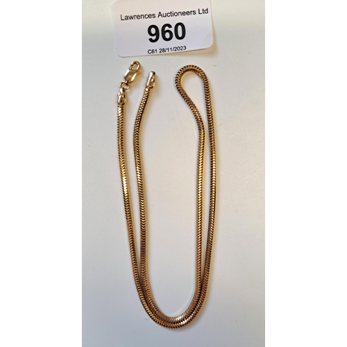 960 - 9ct Gold snake link chain, 45cm long, 9g