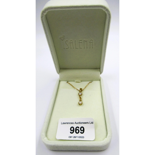 969 - Modern 14ct gold and two stone diamond drop pendant on a 9ct gold chain