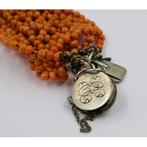 979 - Antique coral silver mounted bracelet with Victorian coin clasp